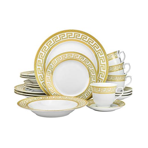Euro Porcelain Vintage Gold 60 piece Dinnerware Dish Serving Set 'Greek Key Gold' - HQ Fine China Tableware Service for 12