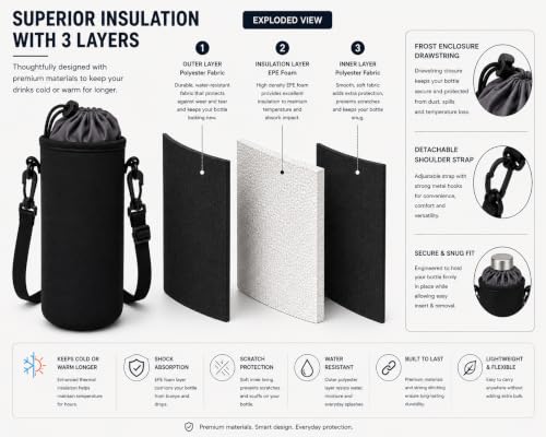 Image of 1 Litre Insulated Water Bottle Carrier Bag with Adjustable Shoulder Strap | Neoprene Bottle Cover for Stainless Steel, Glass & Plastic Bottles | Bottle Sleeve for Office, College, Gym| Black