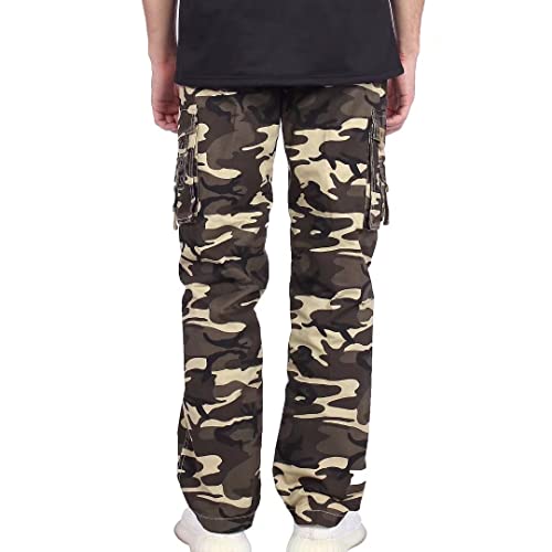 Bellnorth Mens Cargo Pants With Pockets Fashion Camouflage Long Pant Belted Outdoor Workwear Tactical Cotton Pants Open Bottom(Camo Khaki,Size 30) #TOP4