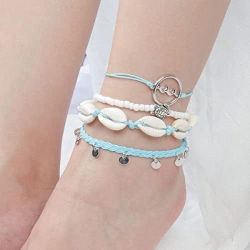 Colorful Bling 4 Pcs Summer Surf Anklet Bracelet Adjustable Chain Braided Rope Bracelet Shell Turtle Friendship Bracelet Beach Surf Jewelry For Women's Girls-Blue #TOP1