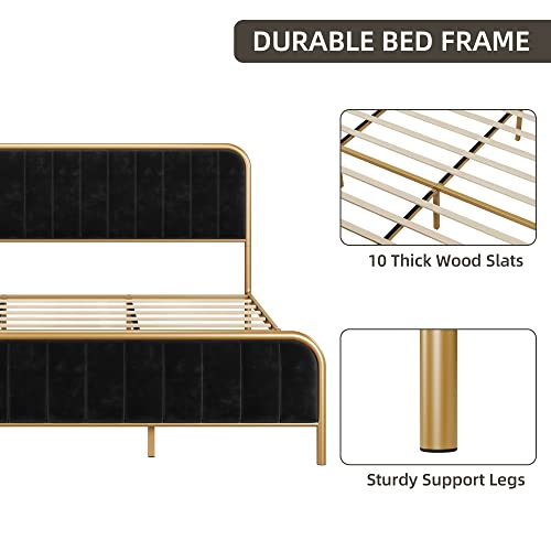 Senfot Full Size Velvet Platform Bed Frame, Heavy Duty Mattress Foundation With Wood Slats And No Box Spring Needed, Noise Free Design, Modern Tufted Headboard For Bedroom In Black #TOP4