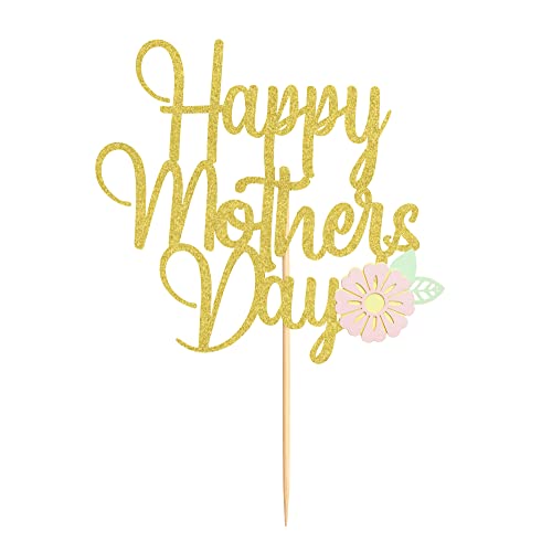 Happy Mother's Day Cake Topper Mom Letter Cake Topper Gold Glitter Cake Topper Decorative Party Cake Decoration For Mother's Day(Flower) #TOP26