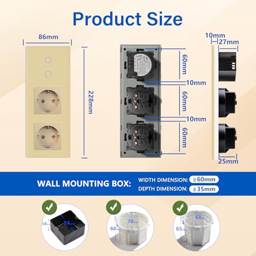 BSEED Touch Lichtschalter mit Schuko Steckdose mit LED Anzeiger 2 Fach 2 Wege Glas Lichtschalter mit Doppelt Wandsteckdosen Golden 228mm