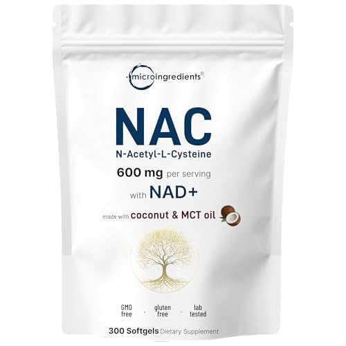 Micro Ingredients NAC Supplement 600mg with NAD+ & Coconut Oil, 300 Softgels | 2-in-1 N Acetyl L Cysteine Plus Nicotinamide Forms | NAD Supplements for Women & Men | Non-GMO, Gluten Free
