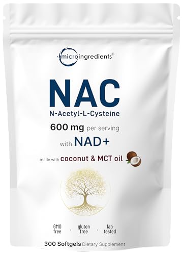 Micro Ingredients NAC Supplement 600mg Per Serving with NAD+ & Coconut Oil 300 Softgels | 2-in-1 N Acetyl L Cysteine Plus Nicotinamide Forms | NAD Supplements for Women & Men | Non-GMO Gluten Free