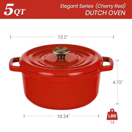 Overmont 26cm Enameled Cast Iron Dutch Oven - 5L Pot with Functional lid Cookbook & Cotton Potholders - Oven Safe up to 500° F, Sturdy Cookware for Braising, Stews, Roasting, Bread Baking, Red