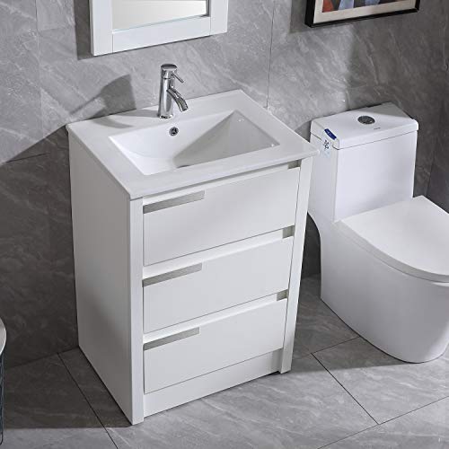 Walsport 24" Bathroom Vanity And Sink Combo White Undermount Ceramic Vessel Sink Cabinet Chorme Faucet Drain With Mirror Vanities Set #TOP1
