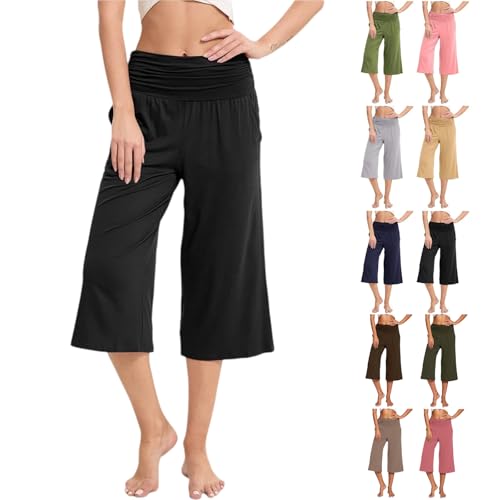 ZGTWHZY Gauchos For Women,Gaucho Pants Women Fold Over Wide Leg Cropped Capri Pant 2026 Casual Black Low Rise Capris Palazzo Stretchy Yoga Bottoms,S