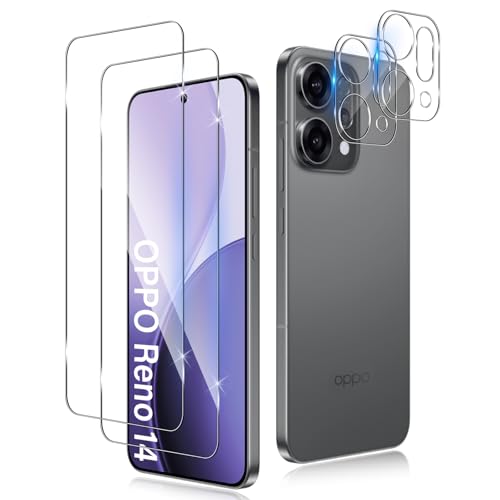 QULLOO 2+2 Piezas Protector de Pantalla para Oppo Reno 14 5G+ Protector de Lente de cámara, 9H Dureza Vidrio Templado Sin Burbujas Cristal Templado