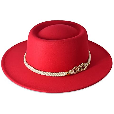 Lisianthus Women Wide Brim Fedora Hat with Belt Buckle Pork Pie Hat, Red, M Cover