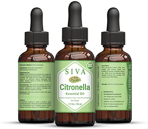 Image of Siva Citronella Essential Oil 30 ml (1 Fl Oz) with Glass Dropper - 100% Pure, Natural, Undiluted & Therapeutic Grade, Amazing for Nourished Skin, Moisturized Hair, Diffuser, Massage & Aromatherapy