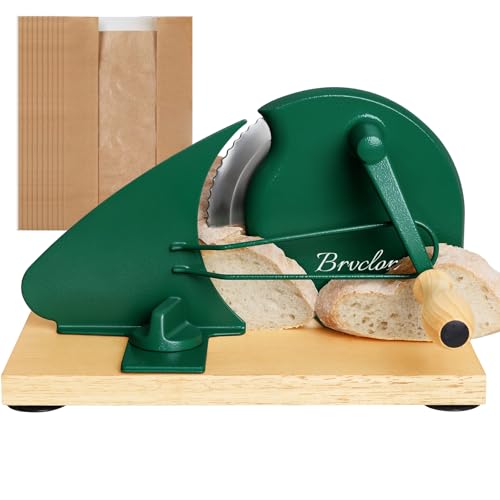 Manual Bread Slicer for Homemade Yeast Bread, Adjustable Thickness, Evenly Slice, Manual Crank Bread Slicer, with Scale Lines and Suction Cups, Sharp Blades, for Acid Dough (Dark-Green)