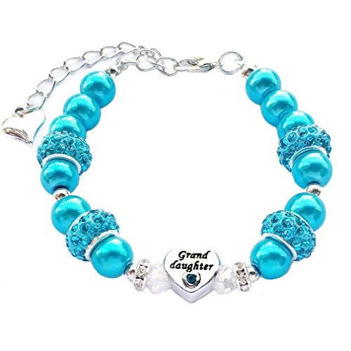 DOLON Teal Glass Pearl Color Rhinestone Granddaugther Charm Bracelet Jewelry Wedding Bridal Birthday Christmas