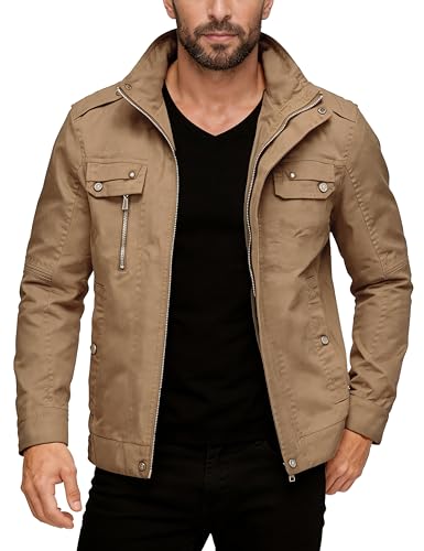 wantdo Men's Cotton Lightweight Jacket Military Jacket Casual Field Coat Windbreaker Khaki Small