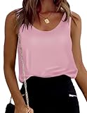 Olankaro Womens Satin Tank Tops Sleeveless Silk Camisole Blouses O Neck Casual Cami Basic Tank Shirt(Pink,Large)