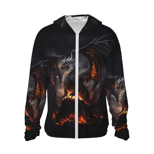 Zip Up Hoodie for Men Women - fire Black Dragon Long Sleeve Hooded Sun Shirt Men Women with Pockets, Black, M