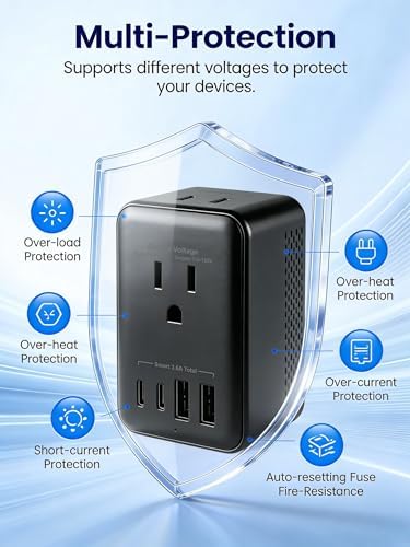 QENEQ 220v to 110v Converter Travel Voltage Converter European Travel Plug Adapter with USB Charging Ports Type C Travel Essentials AC Outlet Plugs for UK US EU AU South Africa for Hair Dryer (Black) - 5