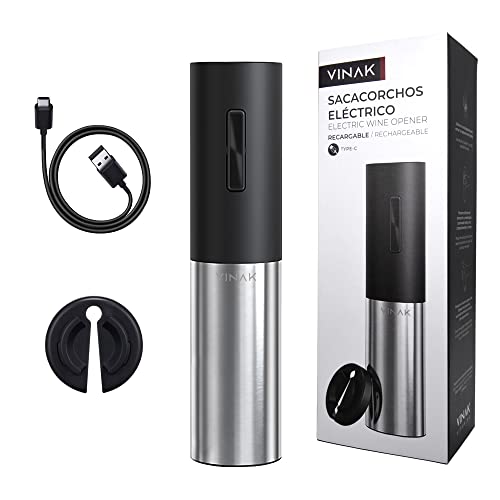 VINAK Tire-bouchon électrique rechargeable en acier inoxydable, avec batterie rechargeable intégrée, câble USB - C, coupe-capsule et spirale téflonée - Design moderne - Ouvre-bouteille sans effort Cover