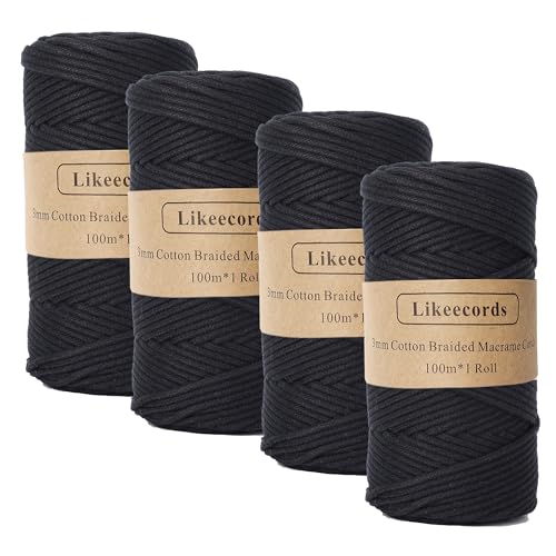 Likeecords Braided Macrame Cotton Cord - 4 Skeins of 3mm x 100m, Ideal for Crafts, Knitting, Bag, Wall Hanging, Plant Hangers (Black) by Likeecords - Used condition - US$39.10