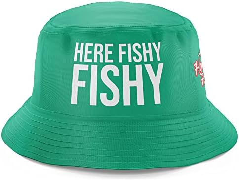 Here Fishy Fishy Fishing Hat, Funny Fishing Gifts for Him, Fishing Bucket Hat Sun Protection Cap Novelty Gift Green