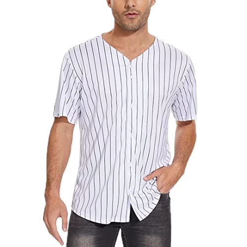 Jeecoin Mens Baseball Jersey Shirt Stripe Casual Button Down Plain Short Sleeve Sportswear Hip-Hop T Shirts #TOP26