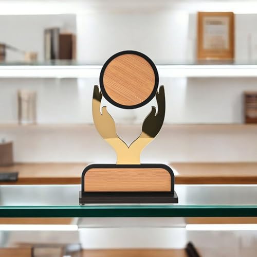 Image of GKD Wooden Trophy with Golden Acrylic | Self-Customizable with Sticker Award /Memento for Events, Corporate Gifting, School Functions & Achievements (Golden Gratitude - Self)