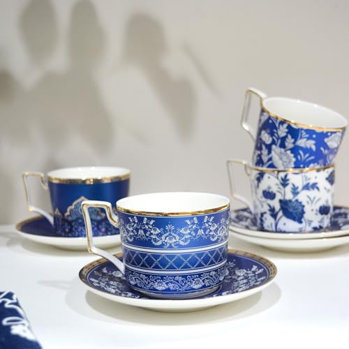 ACMLIFE Bone China Tea Cups and Saucers Set of 4, 6.8 oz Blue and White Tea Cups Set of 4, with Gold Trim and Gift Box (Blue-4) by ACMLIFE - Image 2