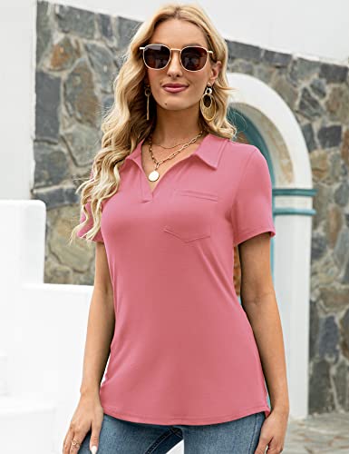 Womens V Neck Polo Shirts Short Sleeve Collared Tops Loose Casual Tunic Blouses With Pocket Coral M #TOP2