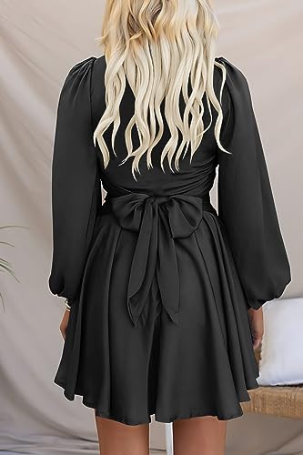 MITILLY Women\'s Elegant Satin Long Sleeve Round Neck Wrap Tie Waist Flowy Cocktail Party Mini Dress Small Black