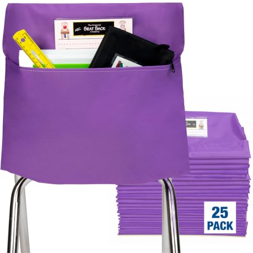 Image of Seat Sack Student Chair Storage Pocket - 17 inch, Single Pocket, Classroom Chair Organizer for Student Desks, Durable Over-the-Chair Storage, Ready-to-Use Name Tag Window, Purple, 25-Pack