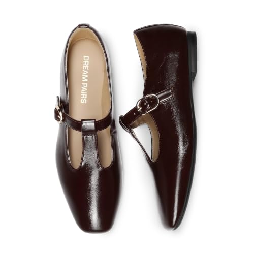 DREAM PAIRS Women's T-Strap Mary Jane Flats,Size 9.5,Brown