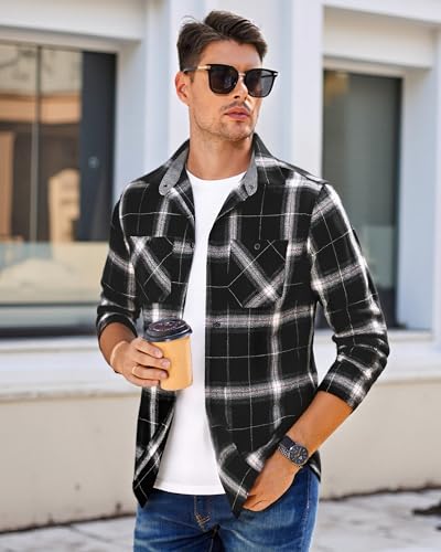 Image of WARHORSEE Flannel Shirt for Men Long Sleeve Button Down Plaid Shirts | Soft Cotton Blend for Multi-season Wear, Lightweight yet Warm, Dual buttoned storage pockets, Machine Washable Easy Care