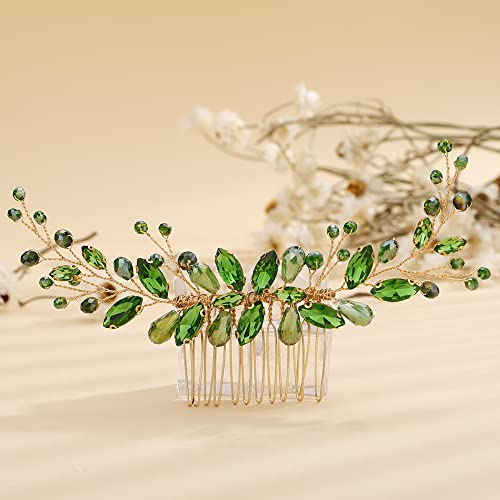 Teyglen Peine para el cabello con diamantes de imitación verdes hechos a mano para novia, accesorios para el cabello para mujeres y niñas (verde)