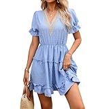 RWGSNB Vestido Corto Verano Escalonado Mujer Escote en V Ribete Encaje Vestido Lunares Suizos Manga Corta Abullonada Corte en A Bajo Volantes Vestido Veraniego Informal Holgado Vacaciones Azul L