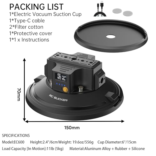 Image of 6 inch Electric Vacuum Suction Cup Camera Mount, Metal Car Mount for Camera /Action Camera /Phone, Heavy-Duty Vacuum Force for Car /Boat /Windshield /Window Mounts, Compatible with 1 /4 inch 3 /8 inch