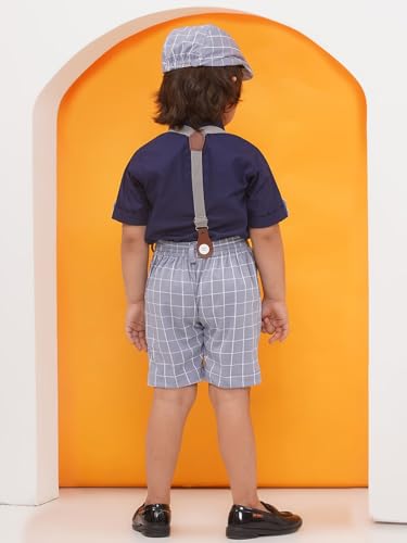 Image of AJ DEZINES Kids Clothing Cotton Blend Checkered Printed Shirt Shorts With Cap and Suspenders Set for Boys
