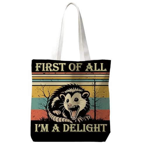 JINYO Funny Opossum Canvas Tote Bag, First Of All I'm A Delight Funny Angry Possum Tote Bags for Women, Sarcastic Quote Reusable Grocery Bags Shopping Bag