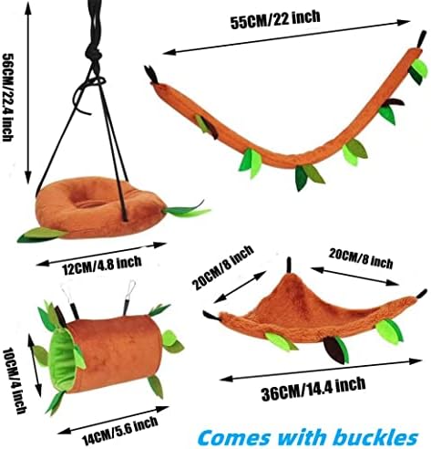 5PCS Ferret Hamster Hammock Rat Hanging Bed House Guinea Pig Cage Toy Nest Accessories Forest Pattern Cage Toy Leaf Hanging Tunnel and Swing for Sugar Glider Squirrel Hamster Playing Sleeping
