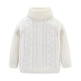 [LittleSpring] 子供 タートルネック セーター ケーブル編み ニット 白 無地 暖かい 130