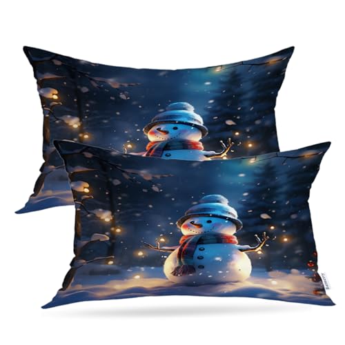 Batmerry Christmas New Year Throw Pillow Covers, Trees Snowmen Snow Fireflies Decorative Pillow Covers Digital Printing Blended for Couch Sofa Bed Invisible Zipper 12X20 in(Set of 2)