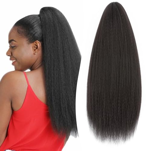 S-noilite Longue Queue de Cheval avec Cordon de Serrage Épais Kinky Yaki Droite Queue de Cheval Postiches 60CM Synthétique Clip dans Extension de Cheveux pour Femmes,Drawstring Ponytail,Noir naturel