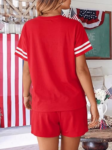 Image of VILOVE 4th of July 2 Piece Sequin Outfits Women Star Stripe Shirts and Short Sets Casual Patriotic Shirt Summer Set