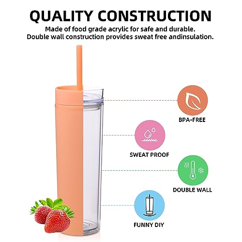 Volhoply 16oz Plastic Skinny Tumbler With Lid and Straw Bulk 4 Pack,Insulated Double Wall BPA Free Matte Acrylic Tumblers,Iced Coffee Travel Mug Reusable Party Cup,Customizable Diy Gifts(Orange,4 Set) by Volhoply - Image 3