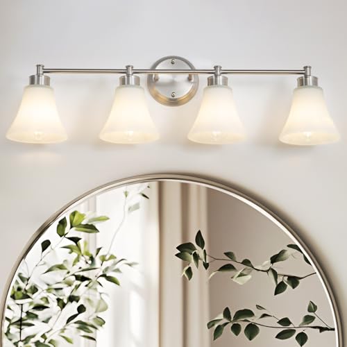 LOUSACE 4 Light Bathroom Vanity Light Brushed Nickel Bathroom Lighting Fixtures Over Mirror with Opal White Frosted Glass, Vintage Traditional Wall Lighting Fixture Satin Nickel Vanity Lights by LOUSACE - Used condition - US$92.79