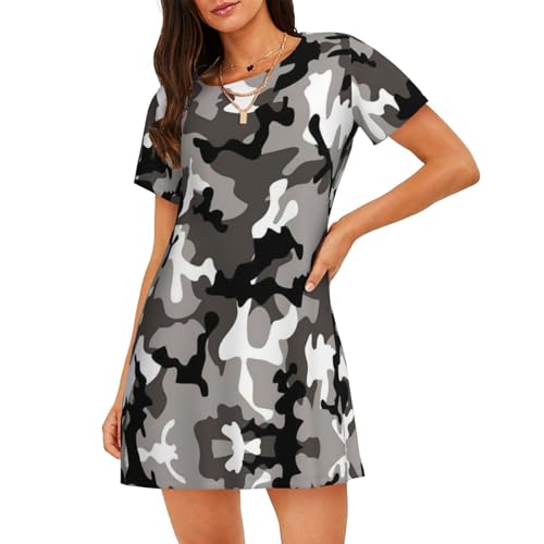 Uusnwaa Camisón de manga corta para mujer, suave, holgado, con estampado de camuflaje, color gris y blanco, Negro, 3XL