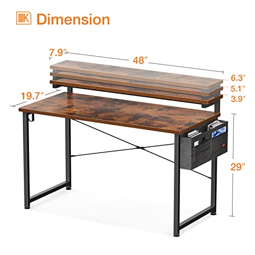 Odk Computer Desk With Adjustable Monitor Shelves, 48 Inch Home Office Desk With Monitor Stand, Writing Desk, Study Workstation With 3 Heights (10Cm, 13Cm, 16Cm), Rustic Brown #TOP2