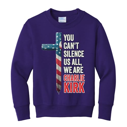 wild custom apparel You Cant Silence Us All We Are Charlie Kirk USA Cross Flag Kids Youth Sweater Crewneck Sweatshirt, Purple, X-Large