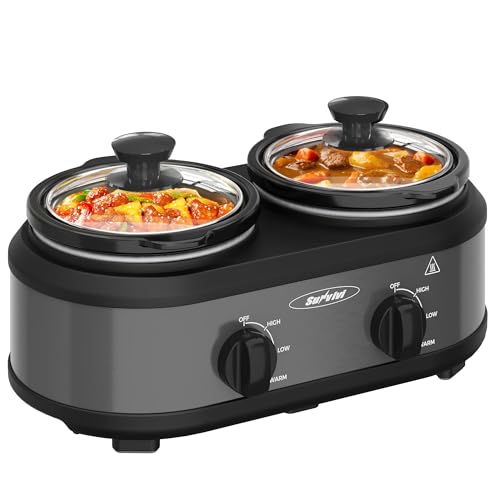 Sunvivi Dual Slow Cooker, Buffet Servers and Warmer with 2 Removable Ceramic Pots, Slow Cooker Food Warmer with Adjustable Temp & Glass Lids, Stainless Steel, 2 x 1.25 QT, Silver Grey by SUNVIVI - Used condition - US$31.36