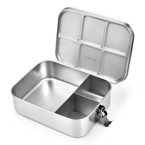 UPTRUST Stainless Steel Bento Lunch Box, 3-Compartment Large 1400ML Metal Bento Box for Kids or Adults, Container with Lockable Clips to Leak Proof