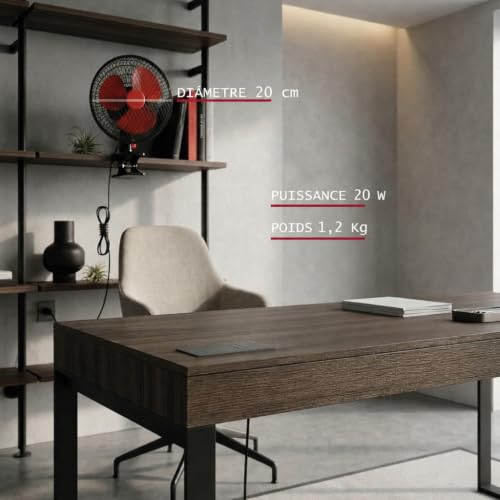 GROWMANIA Ventilateur, oscillant, 2 vitesses, 20 cm, 20 W, puissant, ventilateur électrique, noir, avec 3 pales rouges, silencieux, rotation à 360° – vue 6